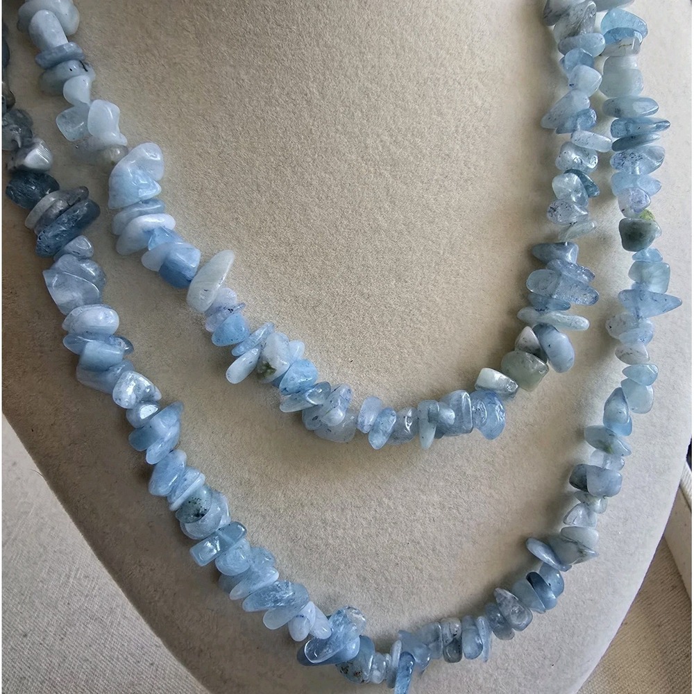 36" Aquamarine Chip Bead Necklace – Natural Blue Gemstone Strand - Picture 4 of 10